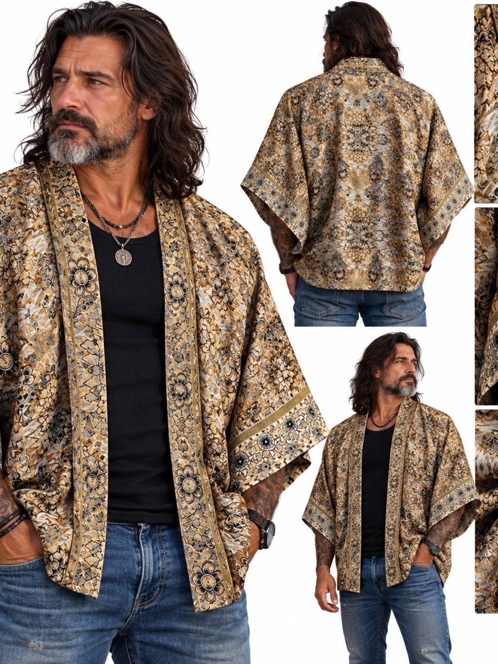 Chico's Women's Floral Kimono-Style Like Jacket in Gold and Black